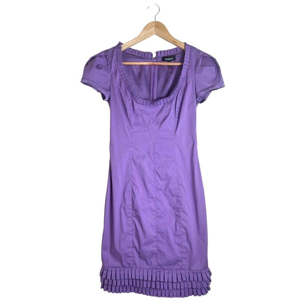 Bebe Women's Short Sleeve Fringe Purple Mini Dress Y2K Preppy Size Large💜